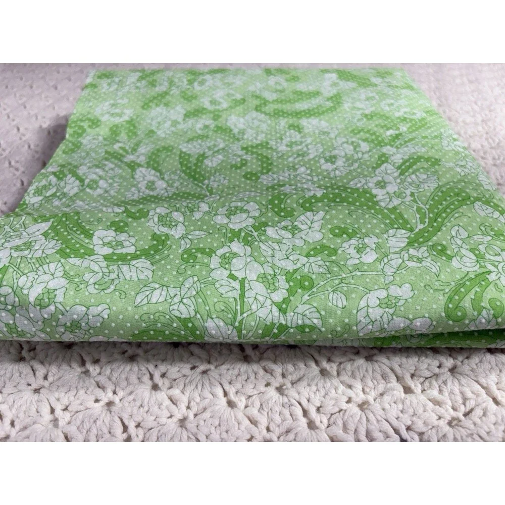 Vintage Green White Flocked Swiss Dot Floral Fabric Pinafore Dress 44” X 128”